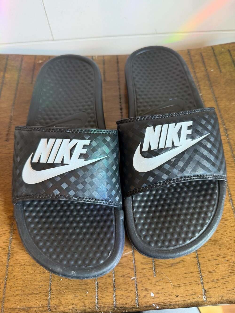 Nike Women's Benassi JDI Black/White Checkered Slide Sandals 343881-011